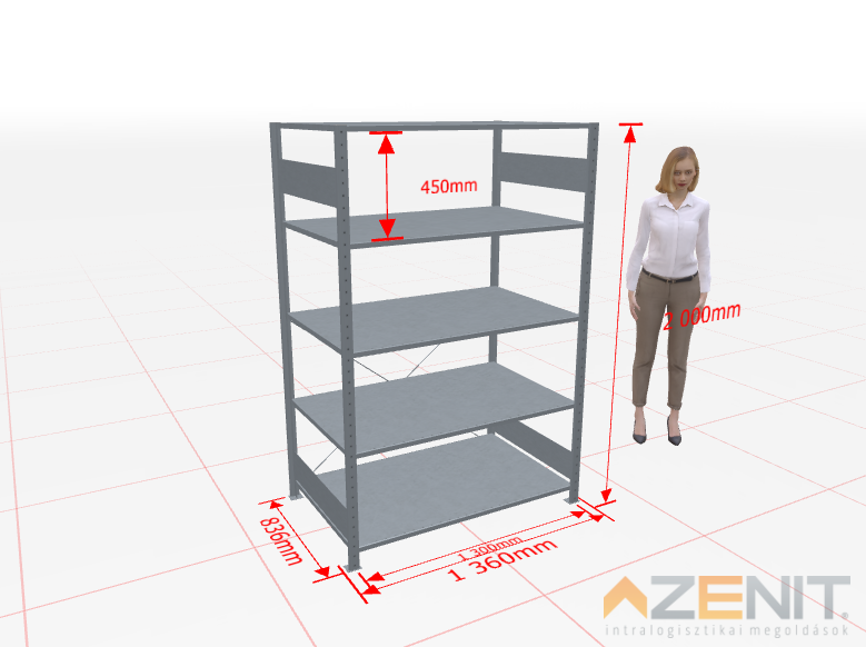 Kapcsolható polcos állvány alapmező MULTIplus típus, 1300×800 mm polcokkal, 2000 mm magas 5 polcos horganyzott 
